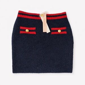 ❄️Bloomingdale’s Navy Red Stripe Bouclé Mini Skirt Gold Button Detail XS NWT